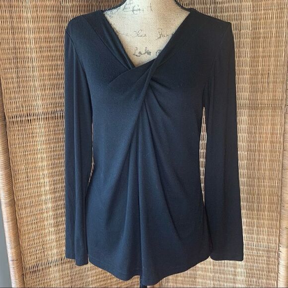Black Long Sleeved Twist V Neck Twist Front Tee - Picture 1 of 9